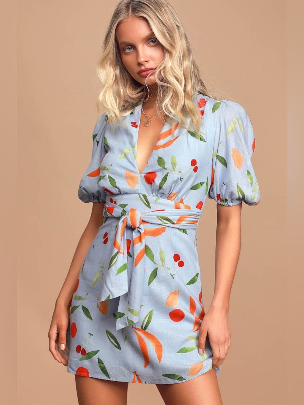 Finders Keepers Calypso Light Blue Fruit Print Puff Sleeve Mini Dress XS